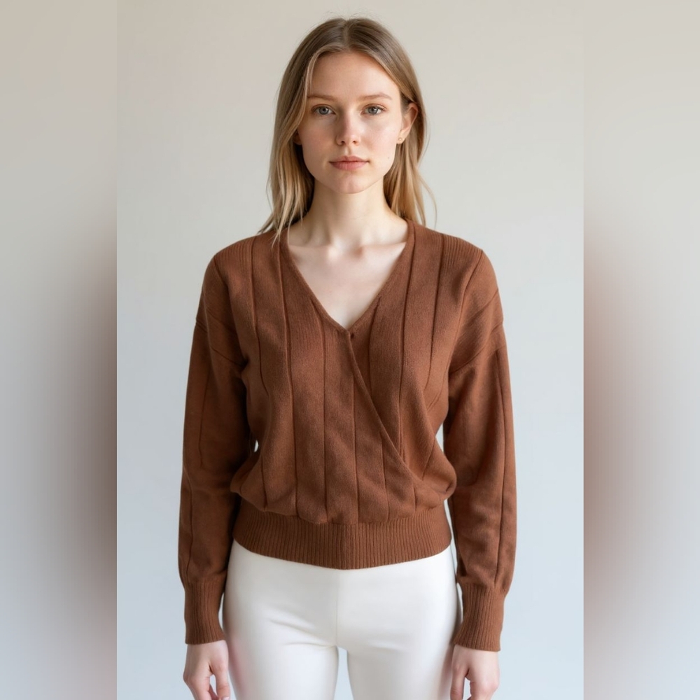 Leith Sweater Womens XS Brown Rib Knit Faux Wrap Surplice Pullover